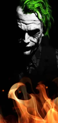 This live phone wallpaper showcases a captivating black and white image of the Joker character with striking green hair