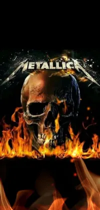 Looking for a badass wallpaper to show off your love for metal? Check out this epic live wallpaper featuring a fiery close-up of a skull on fire with Metallica's album cover in the background
