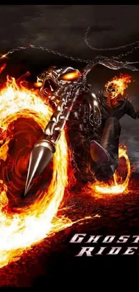 This stunning phone live wallpaper showcases a beautifully crafted airbrush painting of a man riding a fiery motorcycle