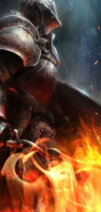 This live wallpaper showcases an armored knight brandishing a sword - a dynamic and intense image adorned with flames and fire