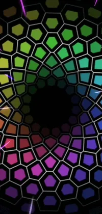 This live wallpaper features a colorful circular design on a black background that is inspired by geometric shapes and uses hexagon lens flares for a vibrant effect