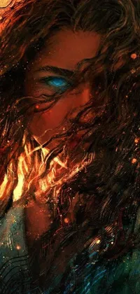 This phone live wallpaper showcases a mesmerizing digital art painting of a courageous woman with long tresses, emerging from a fiery background