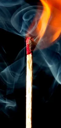 This live phone wallpaper features an intense close-up of a matchstick emitting smoke, designed in an auto-destructive artistic style by Jan Rustem