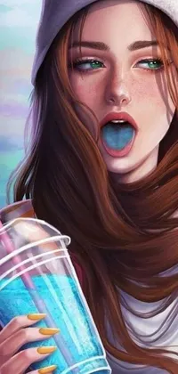 This live phone wallpaper features a stunning creation - a painting of a girl holding a colorful cocktail