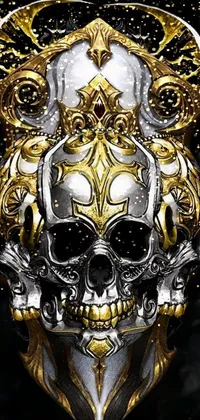 Get this edgy, gothic-inspired phone live wallpaper featuring an intricately designed gold and silver skull on a black background