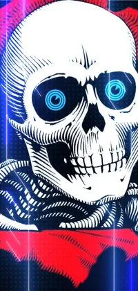 This striking phone live wallpaper features a gothic vector art of a skeleton with red hair and blue eyes