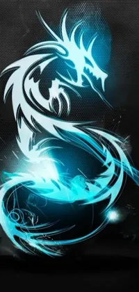 This phone live wallpaper features a striking blue dragon against a black background with white cyan and teal lights