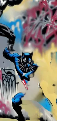Enhance your phone's aesthetic with a lively, vibrant live wallpaper featuring a captivating black panther and a heroic Captain America standing shoulder to shoulder in a graffiti art style painting
