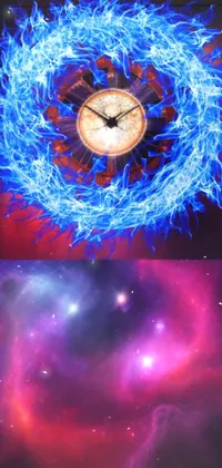 This live phone wallpaper depicts a clock in the center of a galaxy