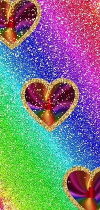 Bring vibrant colors and love to your phone with this live wallpaper! Featuring two hearts on a sparkling rainbow glitter background, this wallpaper is inspired by computer art and golden hues
