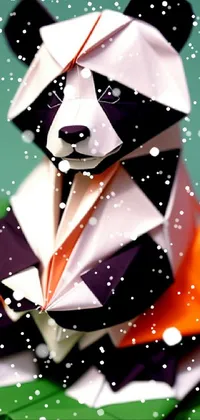 This live phone wallpaper showcases a detailed black and white origami panda sitting on a vibrant green leaf