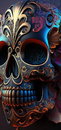 This stunning live wallpaper features a detailed digital art illustration of a skull adorned with ornate masks and a beautiful flower