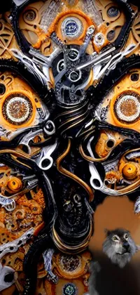 This engaging live wallpaper features a striking cat and clock pairing alongside mesmerizing kinetic and spiritual abstracts, blending in anime-inspired robotic and old-timey steampunk designs
