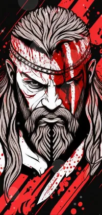 Get this phone live wallpaper with an intense image of a bearded warrior with a bloody face in detailed vector art