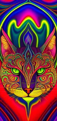 This phone live wallpaper features a cat's face in close-up on a psychedelic background with DMT fractal patterns
