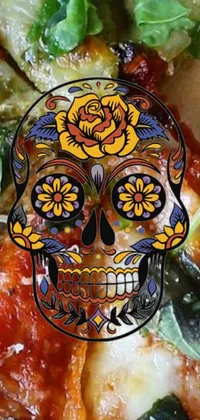 This phone live wallpaper showcases a digital rendering of a plate of food with a Dia de los Muertos inspired skull at the center