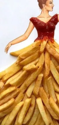 This unique phone live wallpaper depicts an original drawing of a woman wearing a striking dress made of French fries