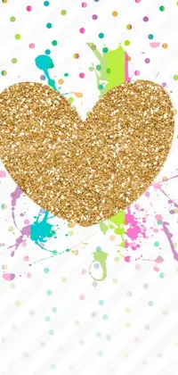 This phone live wallpaper features a vibrant gold design of a heart with colorful paint splatters, accompanied by a glittering gif