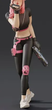 This dynamic phone live wallpaper features an edgy woman with pink hair holding a baseball bat and a pistol in a sexy pose