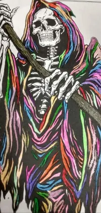 Add spookiness and color to your phone with this vibrant live wallpaper featuring a rainbow-colored skeleton holding a scythe