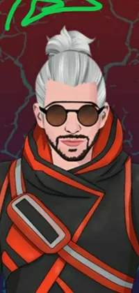 This phone wallpaper showcases a captivating character portrait of a white-haired man wearing a red and black outfit with dark shades in an anime-style