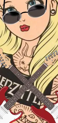 This phone live wallpaper features a detailed cartoon-style close-up of a guitar player with striking colors and designs inspired by pop art