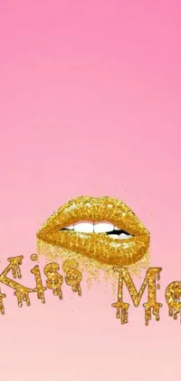 This live phone wallpaper features a close-up shot of a glamorous gold lip against a bright pink backdrop