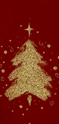 This live wallpaper boasts a beautifully crafted gold glitter Christmas tree, set on a bold red background