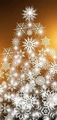 This Christmas-themed live wallpaper features a stunning snowflake Christmas tree set against a sparkling gold background