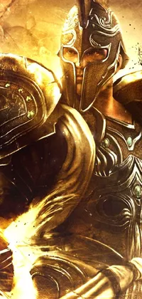 This stunning live wallpaper for your phone portrays a heroic scene of a man in golden armor riding a gallant horse, surrounded by a magical golden aura