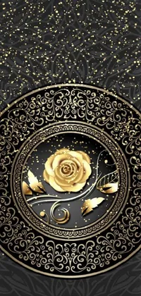 This stunning phone wallpaper features an intricate gold rose in vector art style on a black background