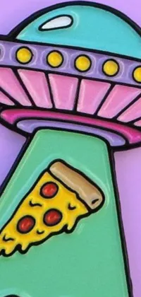 This colorful and whimsical phone live wallpaper showcases a delicious slice of pizza on a plate, rendered in a pop art style with playful, cartoonish depictions of alien abduction and an iconic Space Needle in the background