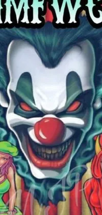 This phone live wallpaper features a close-up of a clown's face on a poster with colorful makeup and a mischievous grin