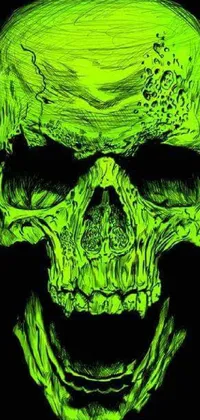 This live wallpaper for phone displays a shimmering green skull against a black background in astonishing detail