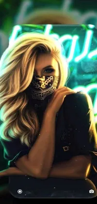 Looking for a sexy and edgy wallpaper that will add a futuristic touch to your phone? Look no further than this cyberpunk live wallpaper! Featuring a mysterious woman with a bandana over her face and long blonde hair, this artwork is sure to turn heads