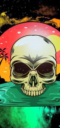This live wallpaper features a vector art skull floating over a psychedelic, ominous backdrop