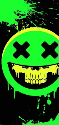 The phone live wallpaper displays a green smiley face with two crosses, a rock band's skull design, neon paint drip, and an EDM-inspired pattern