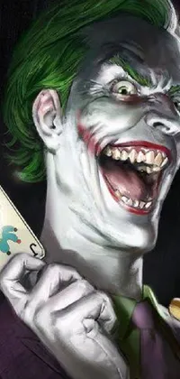 Get this amazing joker themed live wallpaper for your mobile phone! Perfect for fans of the joker character, this digital art features a dark and edgy drawing of the jester holding a playing card