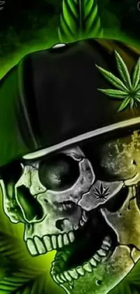 This Phone Live Wallpaper features a skull wearing a marijuana leaf-adorned hat and is designed in a distinct sots art-style