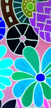This vivid phone live wallpaper features a close-up view of a colorful, flower mosaic inspired by Murakami and graffiti