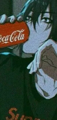 Looking for a unique and moody live wallpaper for your phone? Check out this dark aesthetic design featuring an anime drawing of a character holding a Coca Cola bottle