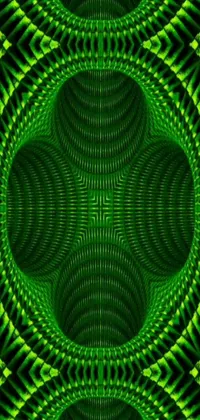 This phone live wallpaper features a mesmerizing green and black-patterned digital art inspired by abstract illusionism