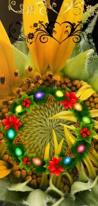 This live wallpaper features a beautiful, close-up rendering of a sunflower with twinkling Christmas lights adorning it