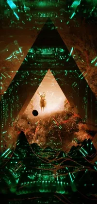 This live phone wallpaper features a mysterious dark room filled with green lights, an ancient megastructure pyramid, a Cernunnos Celtic deity, a Hive network, a photographic still of a forest and glowing geometric shapes floating in space
