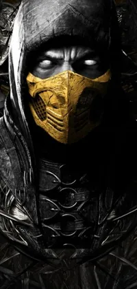 This phone live wallpaper boasts a high-resolution, close-up image of a person donning a mask featuring digital art inspired by Scorpion from Mortal Kombat