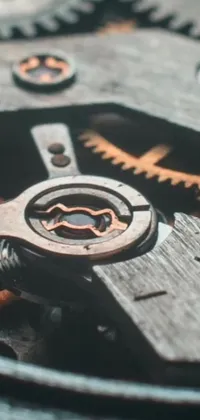 This live wallpaper features a close-up photograph of moving gears of a watch, with a blockchain vault in the background for added security