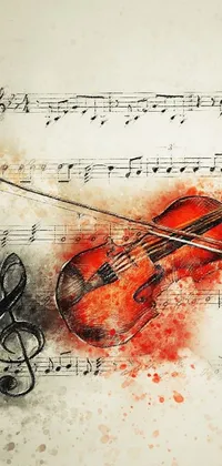 This live wallpaper for your phone boasts a stunning painting featuring a violin and music notes in red and black tones