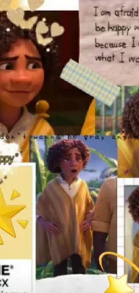 This phone live wallpaper features an eye-catching woman with curly hair set against a vibrant yellow background with playful minions in the background