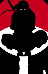 This dynamic phone live wallpaper features a vector art silhouette of a deadly ninja, posed atop a pole, adorned with piercing red eyes