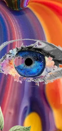This surrealist live wallpaper for your phone is a close up of an eye painting featuring psychedelic, digital watercolor, and avatar imagery with galaxy elements